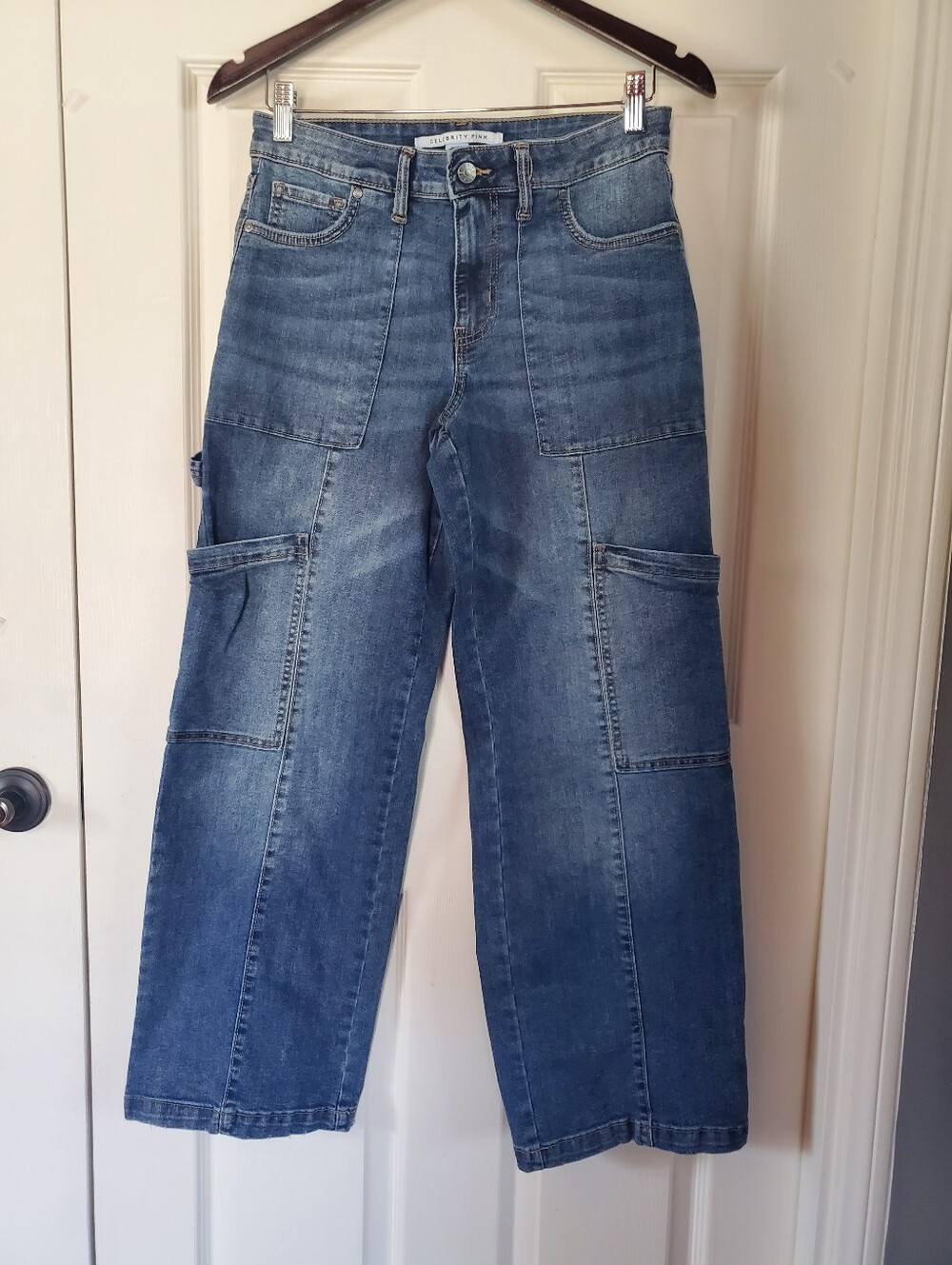 Celebrity Pink Cargo Blue Denim Jeans Wide-leg Mid-rise Preppy Carpenter Size 28